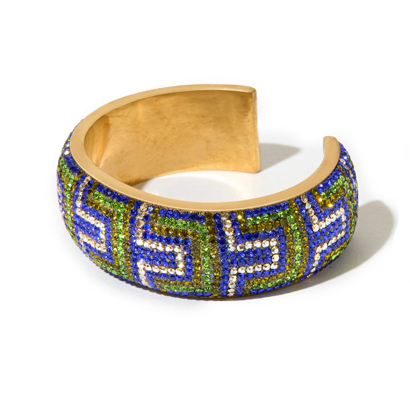 80DB Deco Anthem cuff in blue and green hues, showcasing architectural Art Deco inspired pattern with dramatic geometric elements