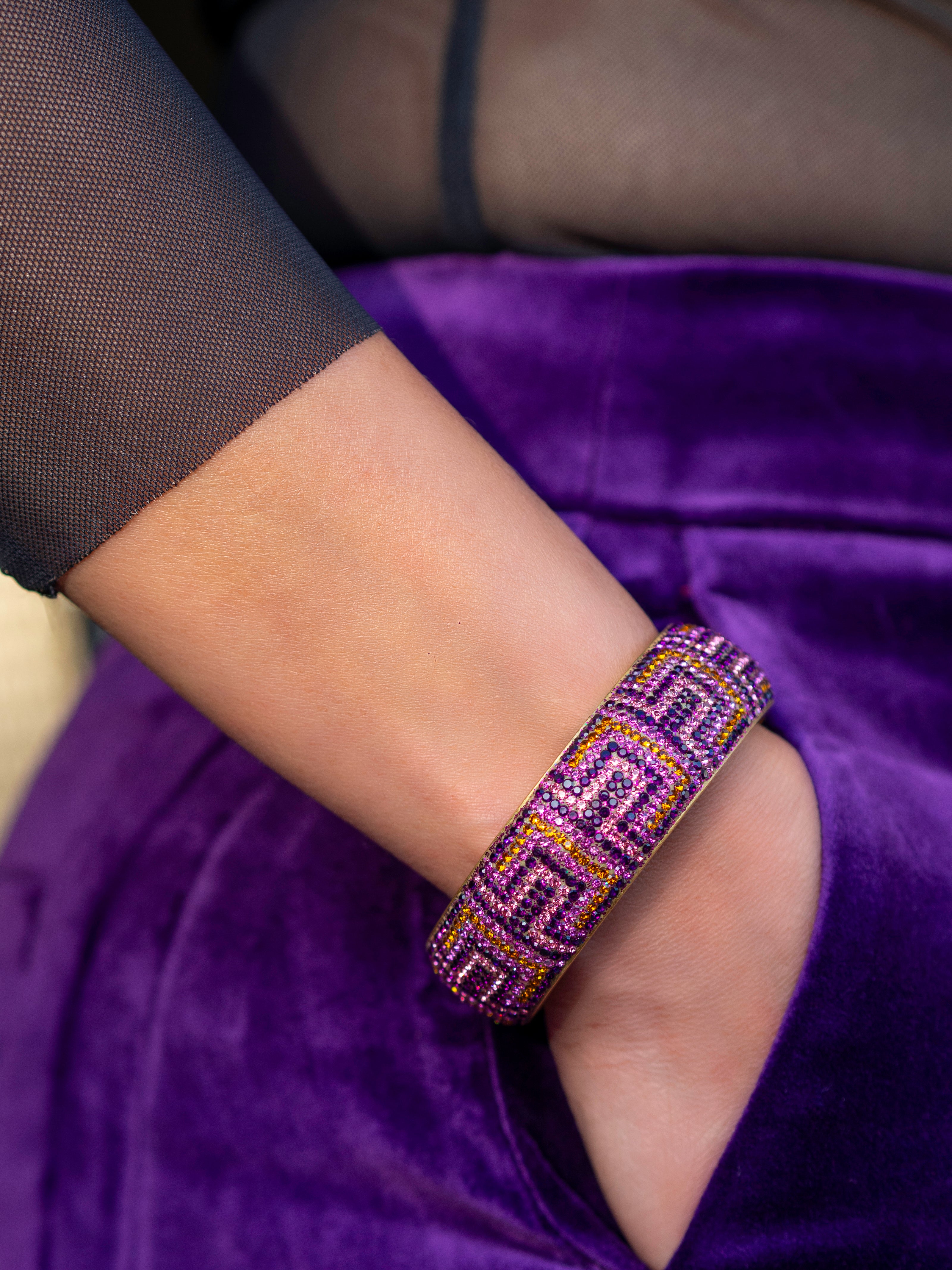 80DB Deco Anthem cuff in Pink and orange tones, featuring geometric Art Deco inspired pattern with bold symmetrical design