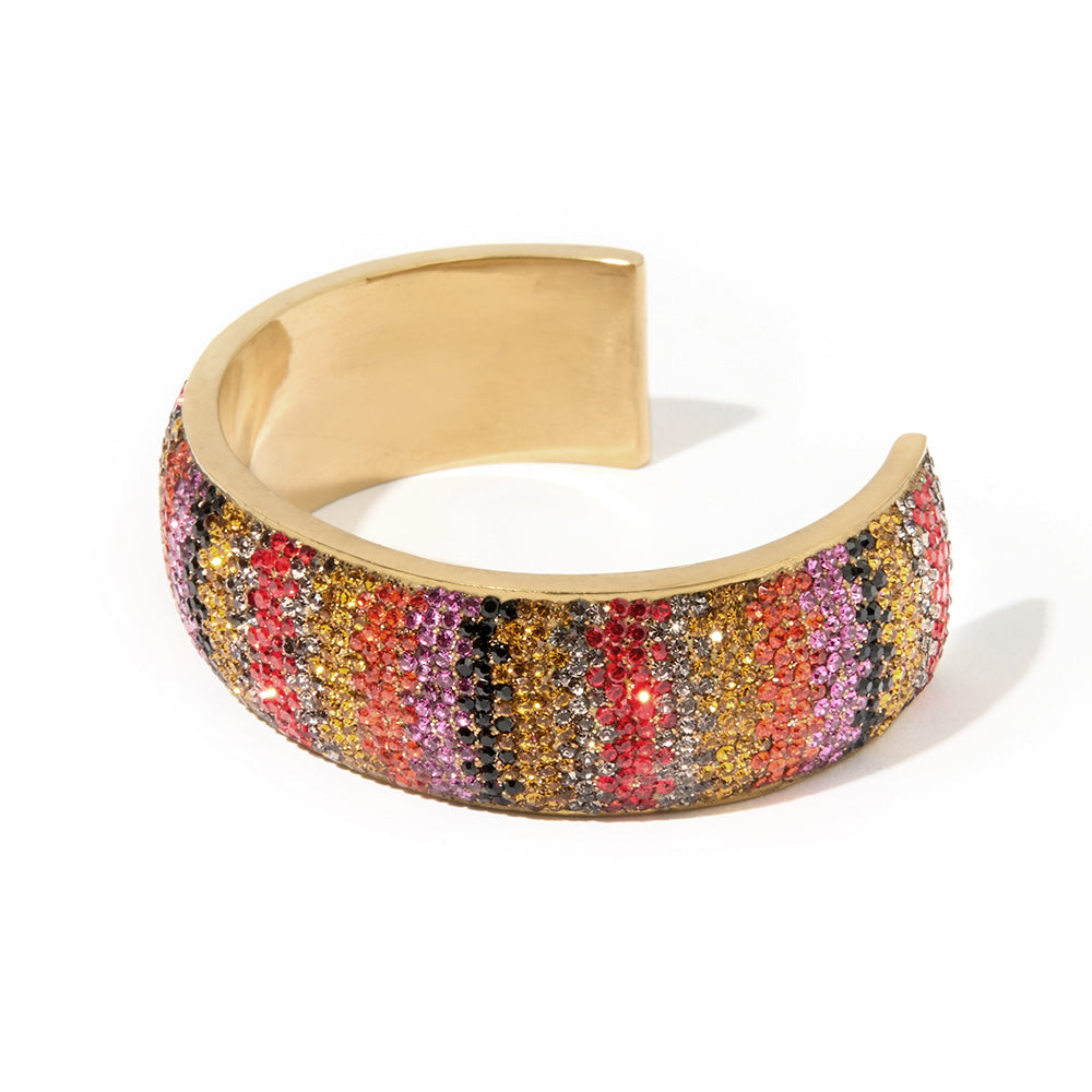 80DB Spectrum Symphony cuff featuring a vibrant multi-coloured crystal pattern that creates a bold visual symphony of red, yellow and striking hues