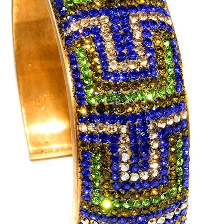 80DB Deco Anthem cuff in blue and green hues, showcasing architectural Art Deco inspired pattern with dramatic geometric elements